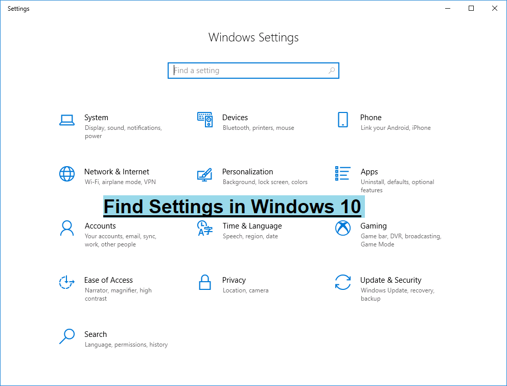Find Settings in Windows 10